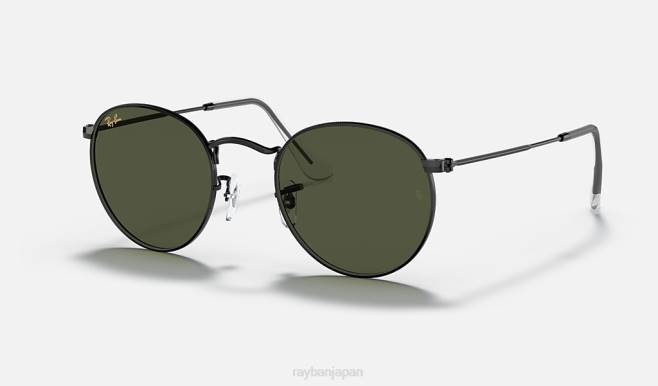 Ray-Ban ポリッシュブラック/グリーン 男性 丸い金属 サングラス 44RX784